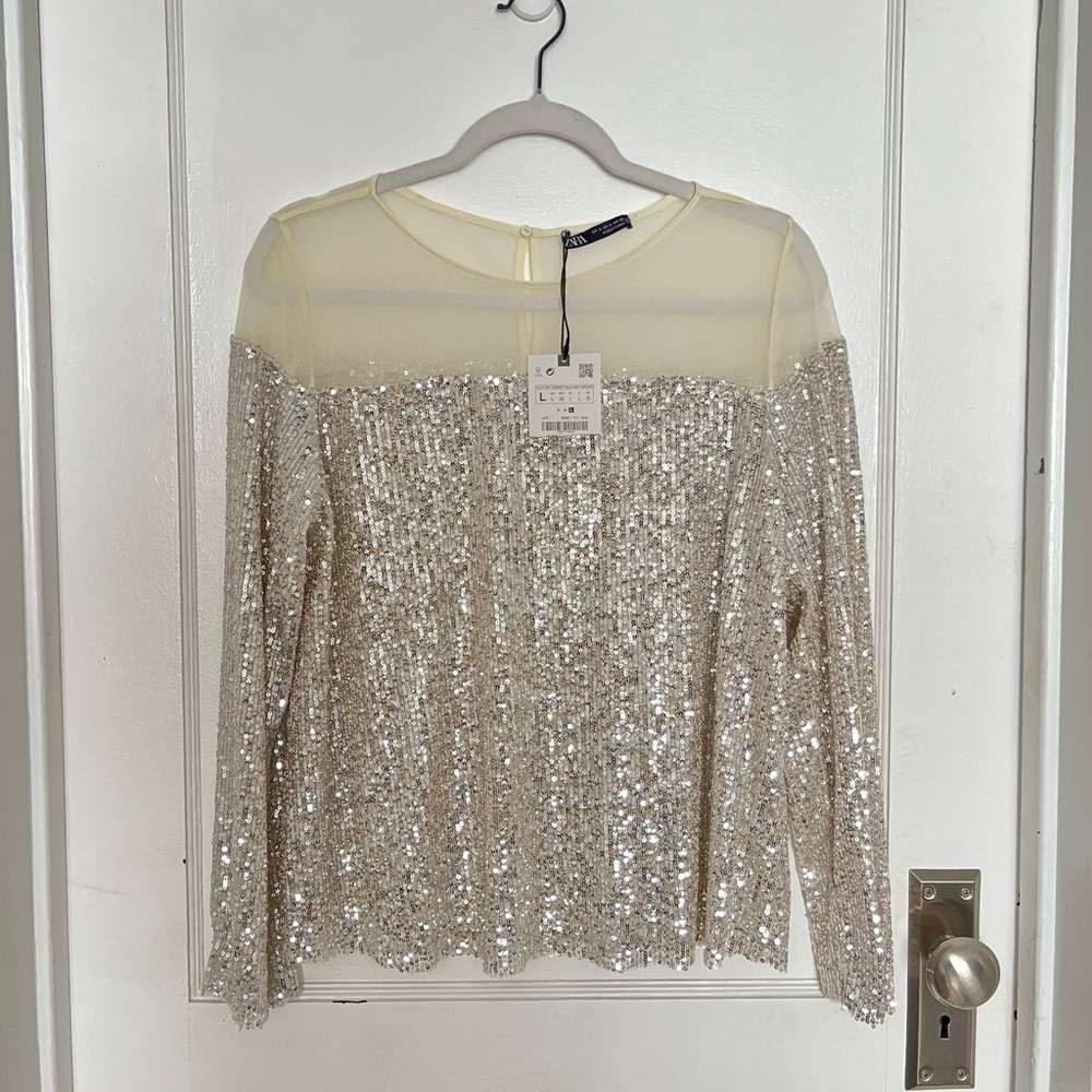 ZARA Silver Sequin Long Sleeve Top For Holiday, Christmas, New Years With Mesh